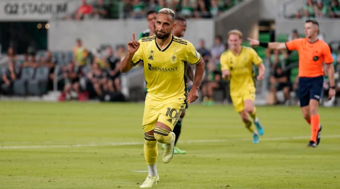 Nashville S.C.’s Hany Mukhtar celebrates a goal.